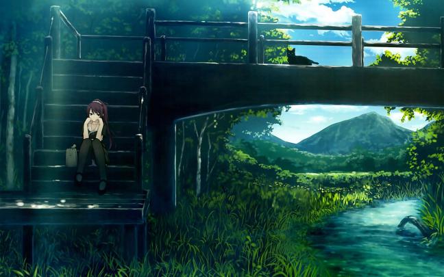 anime, Landscape, Senjougahara Hitagi, Monogatari Series, Cat 