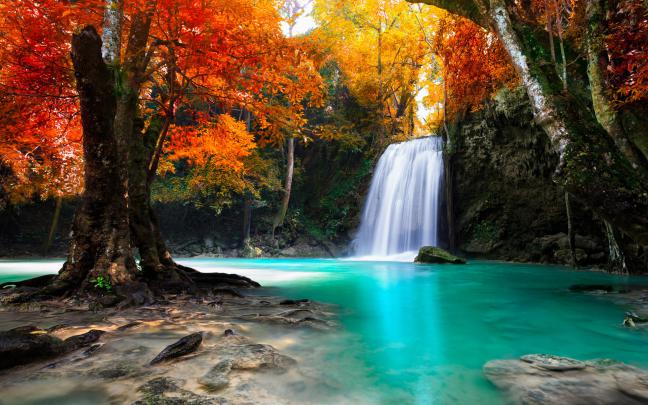 Waterfall In Kanjanaburi Thailand Landscapes Wallpaper Autumn Trees Red 