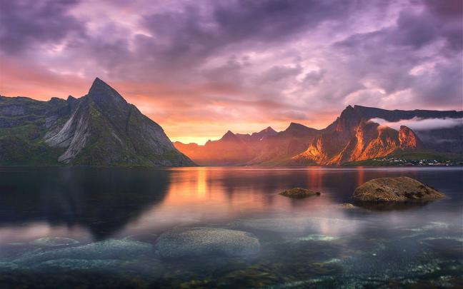 nature, Landscape, Lake, Sunset, Mountains, Clouds, Sun, Rays 