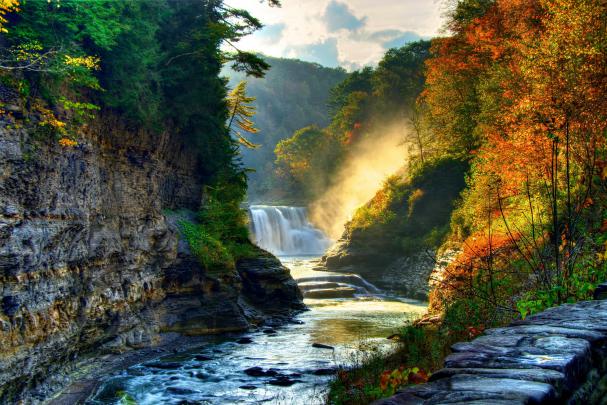 landscape, Nature, Tree, Forest, Woods, Autumn, River, Waterfall 