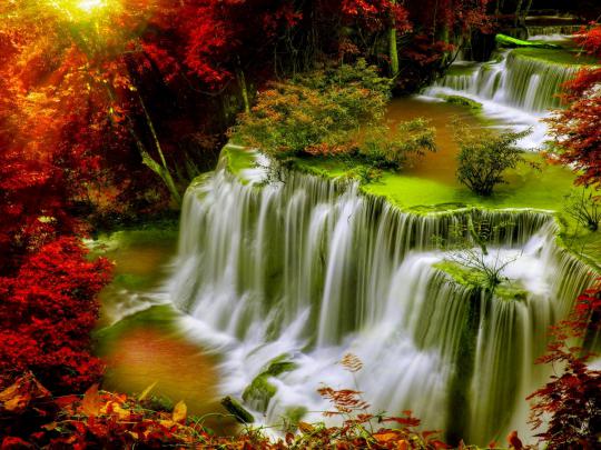 Cascade Falls-Autumn-forest-red leaves-sunlight-Desktop HD Wallpaper 