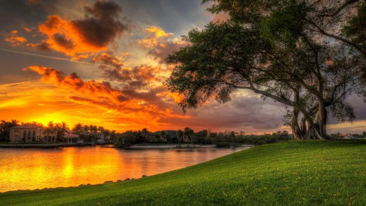 Beautiful Sunset Red Clouds Villa Lake Coast Green Meadow Tree Palm 