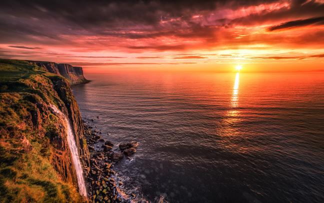 Sea Shore Rock Ocean Horizon Red Sky Last Rays Of Sun, Beautiful Hd 
