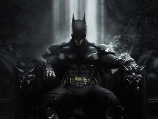 Desktop wallpaper batman, sitting on throne, dark, superhero art, hd 