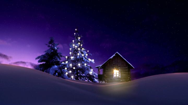 1920x1080 Christmas Lighted Tree Outside Winter Cabin 1080P Laptop Full 