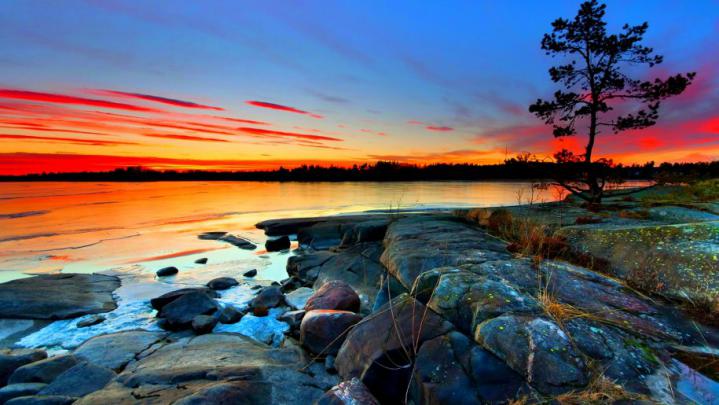 Sunset Rocky Shores The Sky With Red Cloud Sea Horizon Wallpaper Hd For 