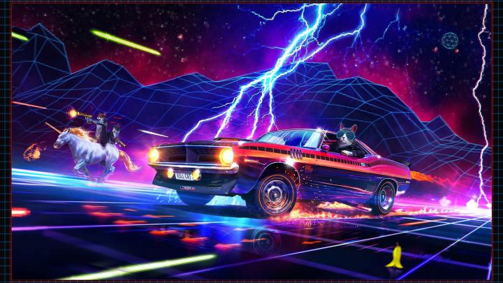 cat, Unicorn, Car, Digital art, Retro games, Plymouth Hemi Cuda 