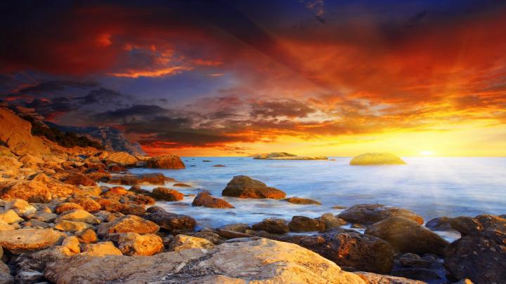 landscape, Sea, Sunset, Sun, Clouds, Sunlight, Sunshine Wallpapers HD 