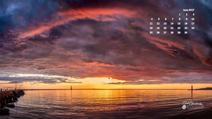 June 2017 Calendar Desktop Wallpaper \u2013 Sunset over Lake Michigan in 