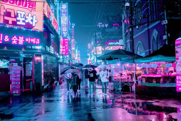 Neon Rain, man standing beside flower shop, city, market, umbrella 