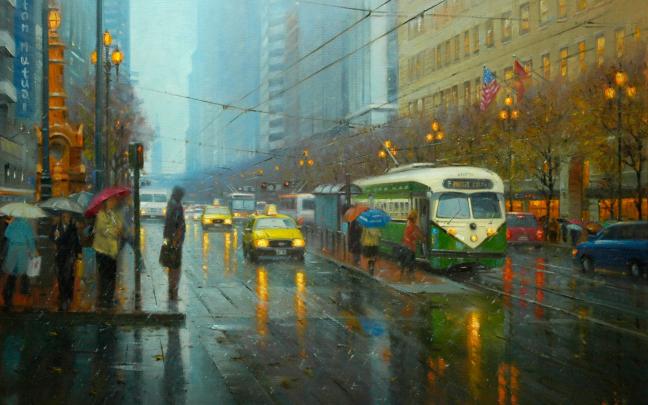 painting, Art, Po, Pin, Lin, Street, City, Rain, Tram, People 