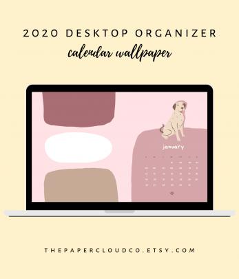 Cute Desktop Organizer Wallpaper with 2020 Monthly Calendar \/ Dog Lover 