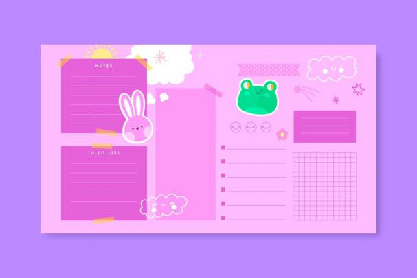 Free Vector | Hand-drawn flat design cute pink desktop organizer wallpaper
