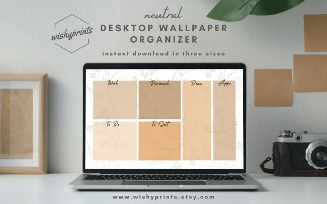 Neutral Desktop Organizer Wallpaper, Floral Laptop Background, Digital 