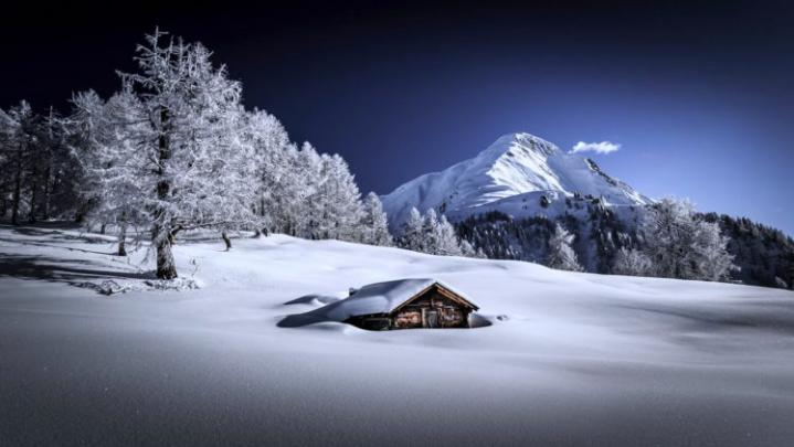 snow, Landscape, Houses, Mountains, Forest, Trees, Winter, Cold 