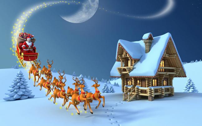 Merry Christmas Reindeer Santa Claus Wooden House Snow Desktop Hd 