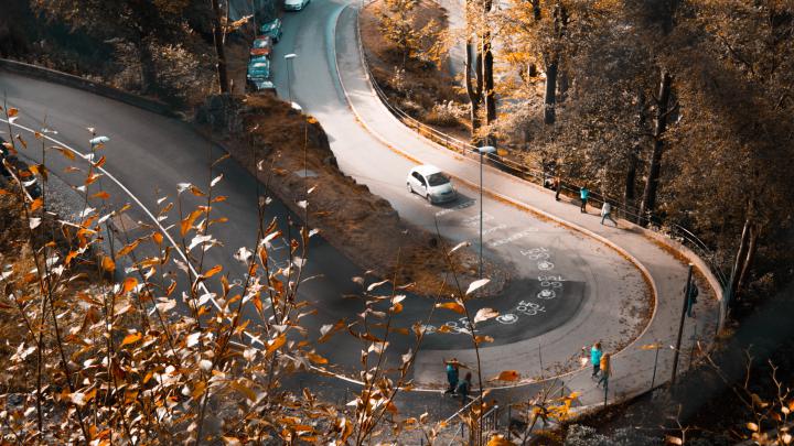 Autumn Road Orange Leaves Fallen Cars Peoples Walking 5k road 