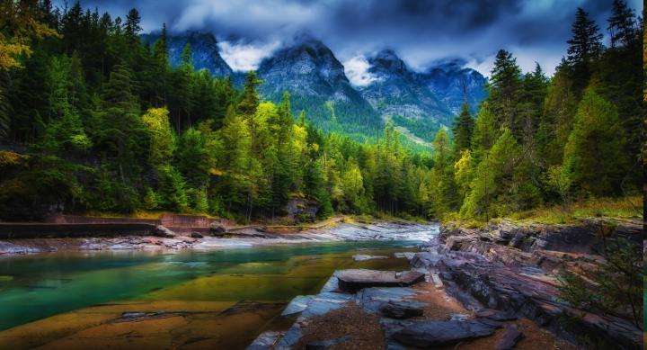 mountain, Clouds, Forest, River, Trees, Spring, Green, Nature 