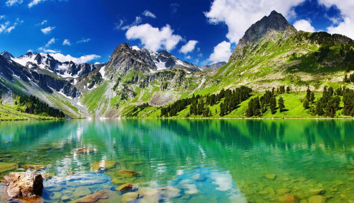 landscapes, Lakes, Mountains, Stones, Trees, Forest, Green, Snow, Sky 