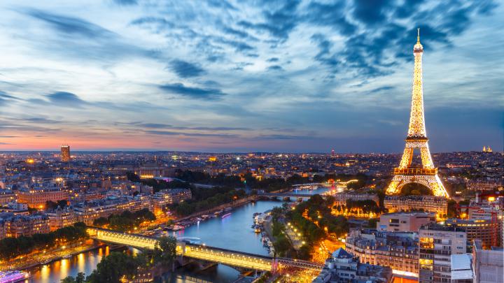 Aerial View Of Lighting Eiffel Tower And Paris City During Sunset 4K 5K 