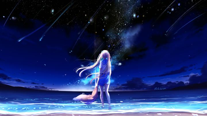 Anime girl Night beach 4K Wallpapers | Wallpapers HD