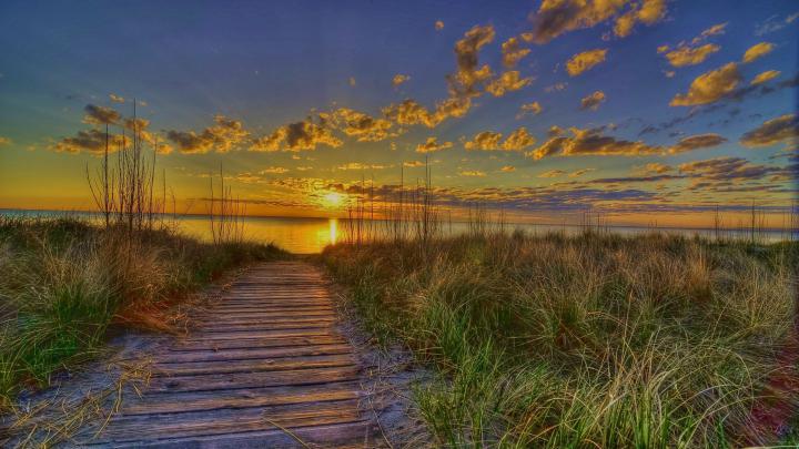 Wooden, Path, Water, Sky, Sea, Clouds, Sun, High, Definition, Wallpaper 