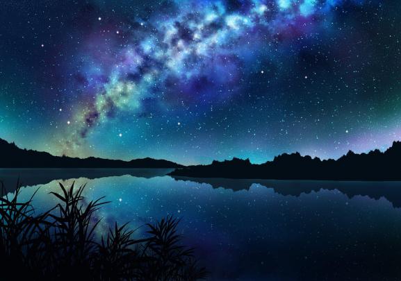 Nobody, Sky, Stars, Landscape, Night, Trees, Dark, Grass, Reflection 