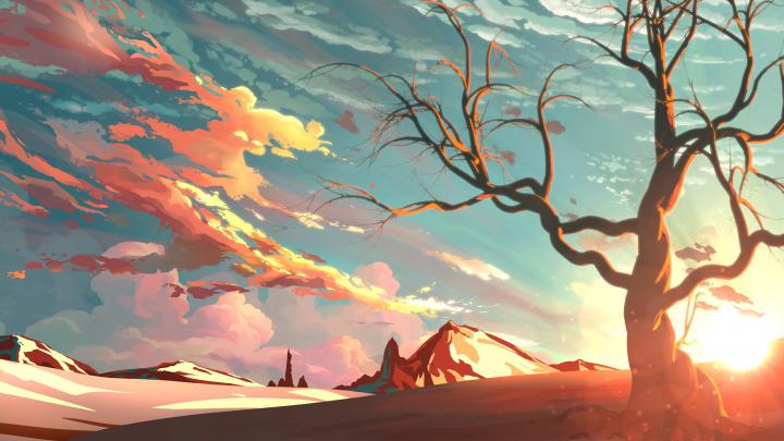 artwork, Landscape, Sky, Mountain, Nature, Trees, Snow, Clouds, Sunset 