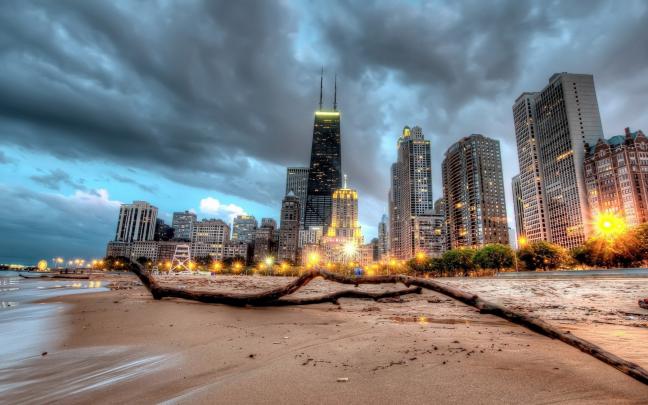 Chicago, City, Night, Lights, HDR, Long exposure, Beach Wallpapers HD 
