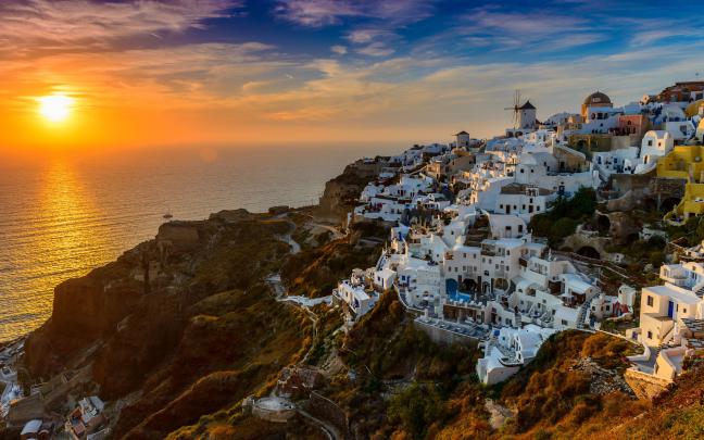 Santorini Island In Greece Aegean Sea Sunset Desktop Wallpaper Hd For 