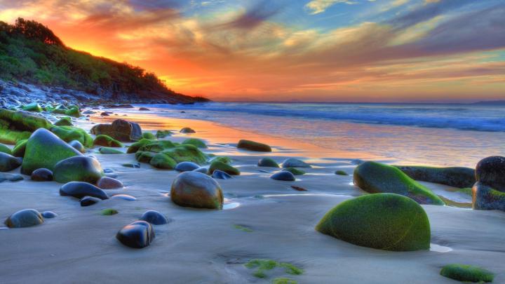 Sunset Ocean Sandy Beach Rocks Green Movi Water Nature 4k Wallpaper For 