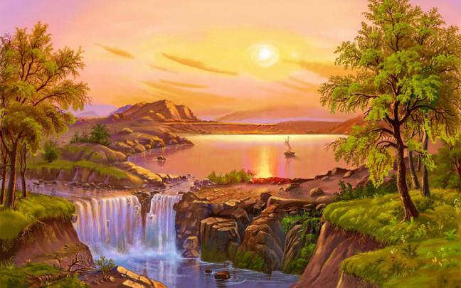 Beautiful Landscape Summer Painting River Lake Waterfall Art Images 