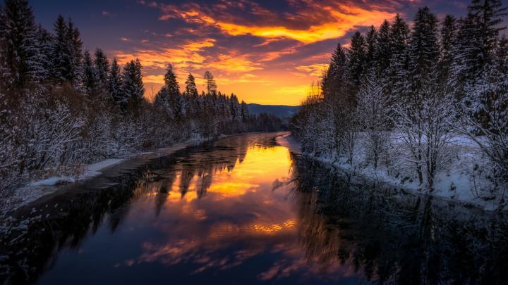 Download 1920x1080 wallpaper river, trees, winter, sunset, nature, full 
