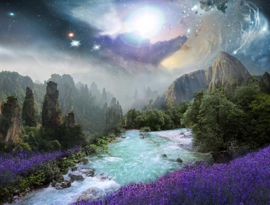 Download Beautiful Flowers In Fantasy Landscape Wallpaper 4k - Fantasy 