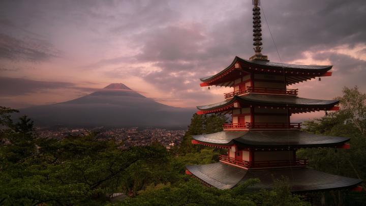 Wallpaper Japan, Temple, Fuji Mount, Clouds, Dusk - Mount Fuji 