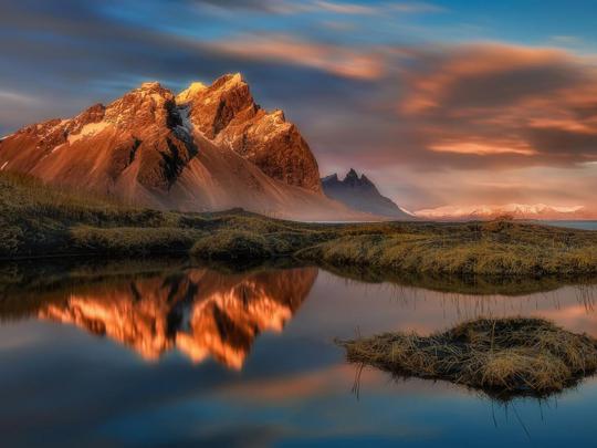 Reflection In Water Stokksnes Vestrahorn Mountain In East Iceland 