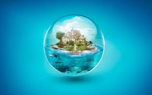 Download wallpapers island, 4k, villa, sea, bubble, underwater world 