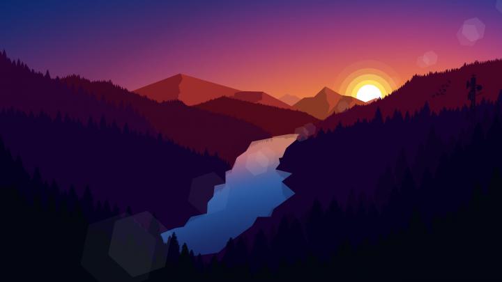 Illustration, landscape, mountains, nature, sunset, river, digital art 