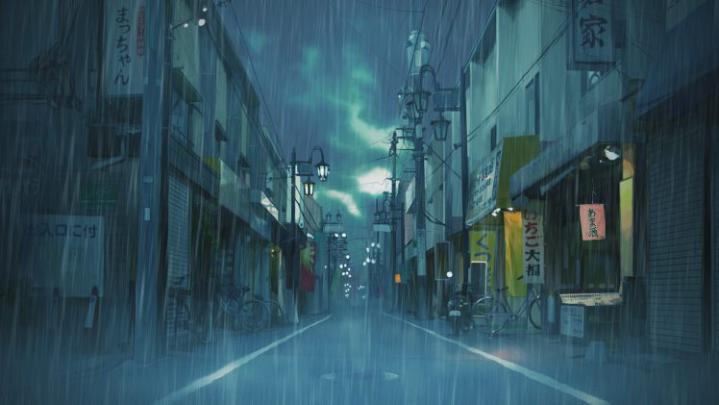 Asian, Japan, Street, Cityscape, Clouds, Rain, Landscape, Illustration 