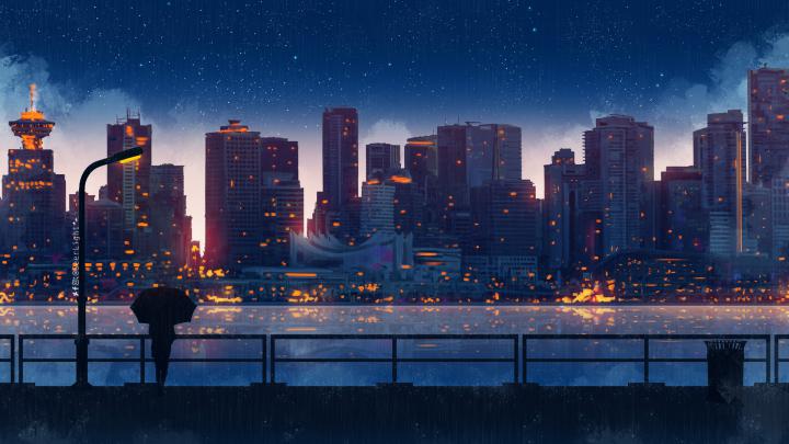 1920x1080 Anime City Lights Night Rain Umbrella Sky 5k Laptop Full HD 