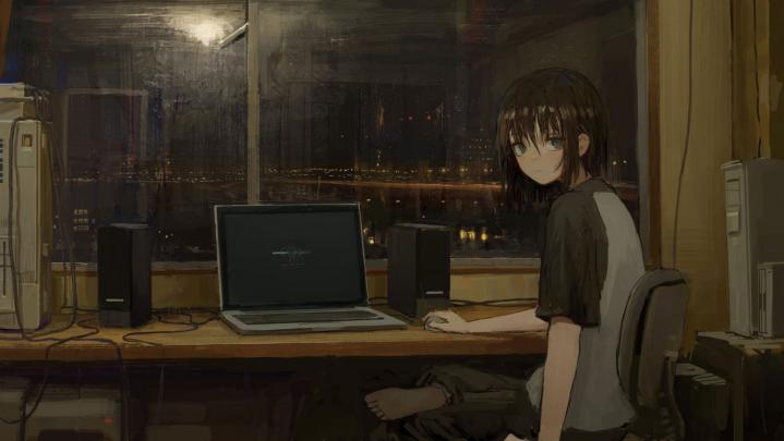 Wallpaper Lofi Anime, Anime Girls, Room, Laptop, Brunette \u2022 Wallpaper 