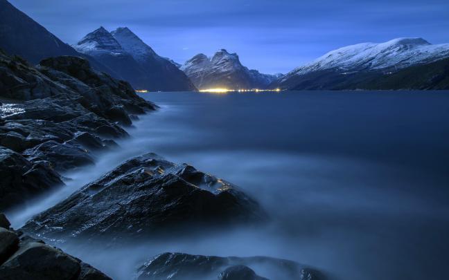 High resolution photo of mountains, desktop wallpaper of lake, night 