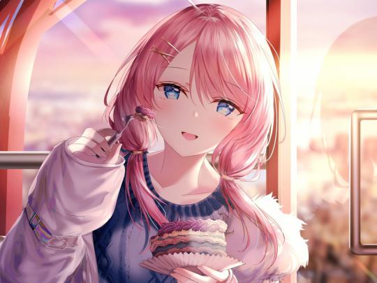 Desktop wallpaper cute, anime girl, beautiful, eating cake, hd image 