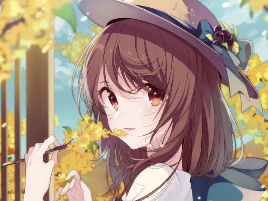 Desktop wallpaper autumn, tree branch, anime girl, cute, hd image 