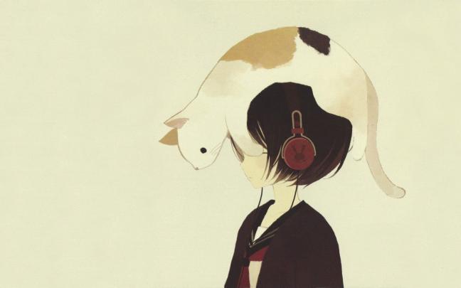 Cat on anime character with black hair and headphones wallpaper, anime 