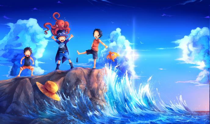 One Piece, Monkey D. Luffy, Waves, Portgas D. Ace, Sabo, Fish, Lens 