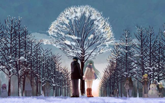 snow, Sky, Ice, Tree, Couple, Anime, Love, Forest Wallpapers HD 