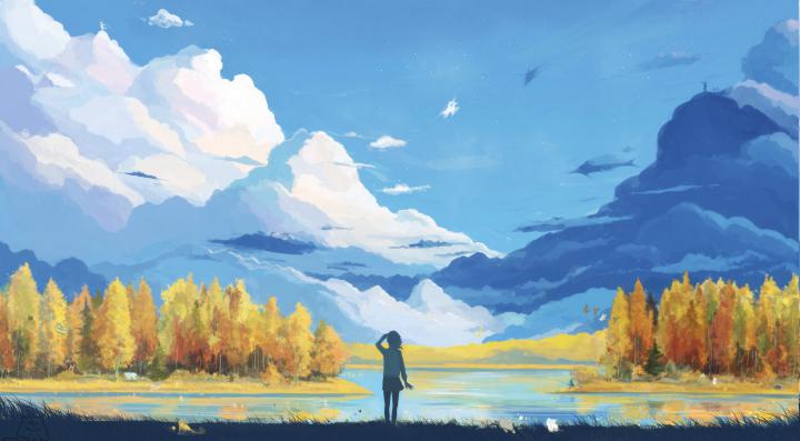 clouds, Mountain, Anime, Forest, Landscape, Artwork, Fantasy Art 