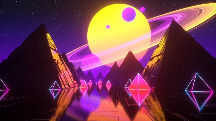 Wallpaper Music, Stars, Planet, Space, Pyramid, Background, Neon, Synth 