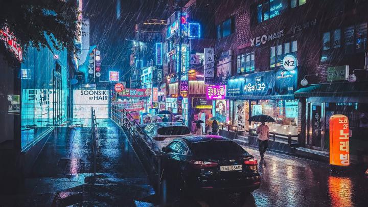Wallpaper Black Sedan, Black Car, Street, Neon, Rain \u2022 Wallpaper For 
